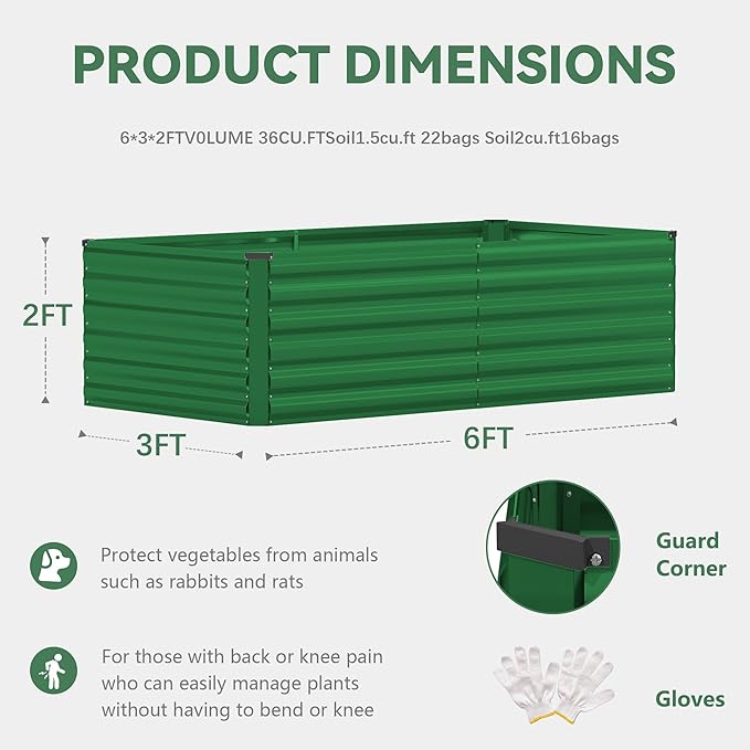 FOOWIN 4pcs 6x3x2ft Galvanized Raised Garden Bed, Planter Raised Garden Boxes Outdoor, Large Metal Raised Beds for Gardening, Garden Bed for Vegetables, Flowers, Herb,269 Gallon Capacity, Green