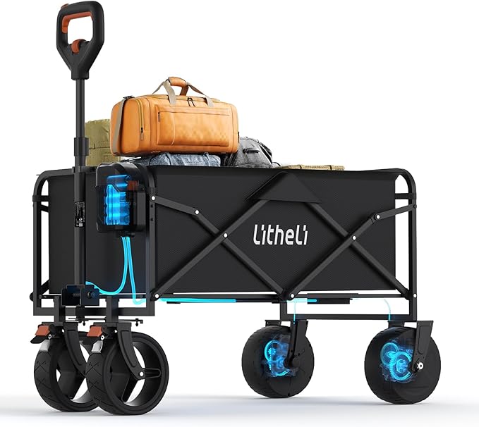 Litheli Electric Collapsible Wagon Cart Foldable, 100L Portable Folding Wagon Cart with Wheels, Outdoor Lightweight Utility Carts for Beach Grocery Camping Shopping，Black