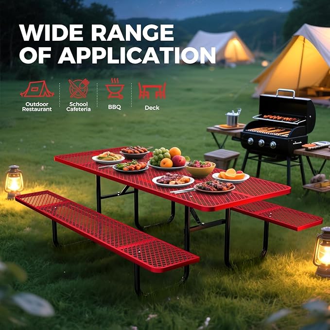 KUFUH 72" Coated Round Metal Picnic Table for 4-6 Person, Durable Heavy Duty Commercial Picnic Table with Umbrella Hole for Outdoor Coffee Shop, School, Easy to Install, Red