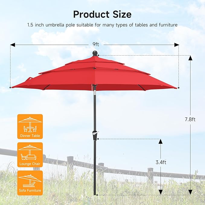 9 FT Outdoor Patio Umbrella, 3 Tier Market Table Umbrella with 8 Sturdy Fiberglass Ribs and 1.5’’ Pole, Smooth Button Tilt Patio Umbrella for Backyard Pool Garden, Red(No Base)