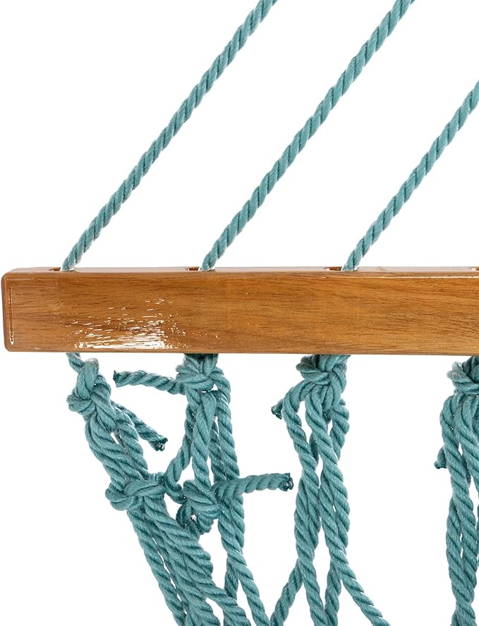 Original Pawleys Island Large Teal DuraCord Rope Hammock – 13 ft. x 55 in., 2-Person, 450 lb Capacity, Oak Spreader Bar, Zinc-Plated Hardware, Handcrafted in The USA