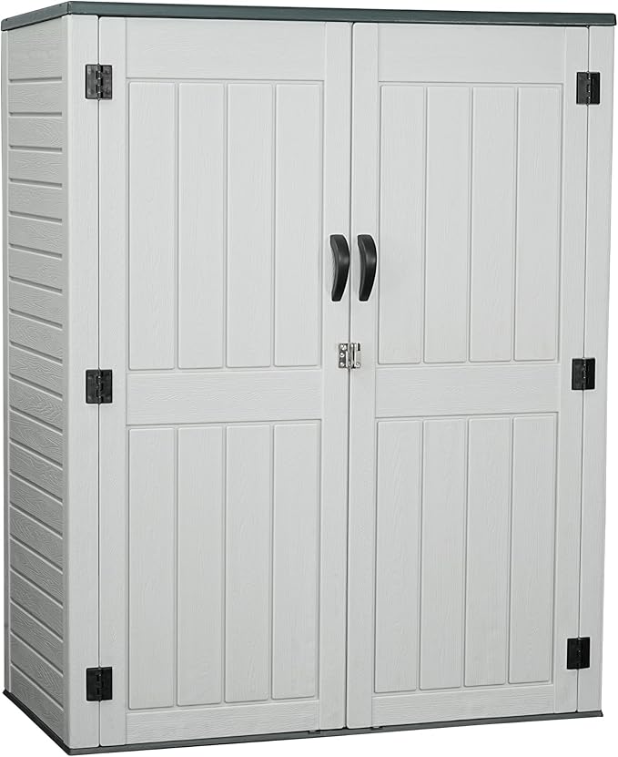 EHHLY Vertical Resin Storage Shed with 2 Shelves, 60 Cuft Garden Tool Sheds & Outdoor Storage, Plastic Outdoor Storage Cabinet Waterproof, 4.5 x 2.3 ft Backyard Outside Lawn Mower Storage Shed, White