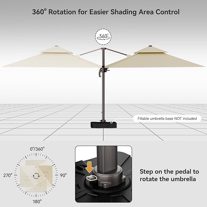 9x12FT Beige Cantilever Outdoor Patio Umbrella with Base, Large Rectangular Offset Design, Double Top Heavy Duty Aluminum Frame & 360° Rotation for Pool Garden Deck Backyard