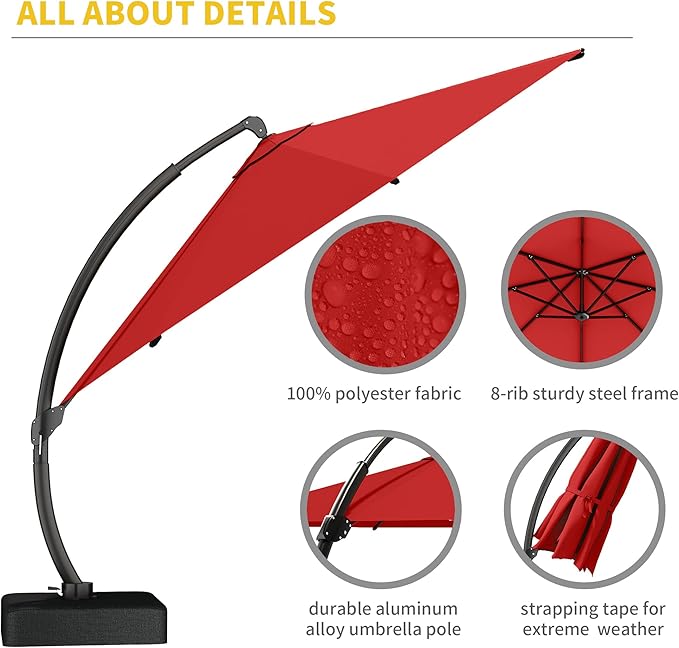 Kingdura 11ft Cantilever Patio Umbrella with Base Included, Large Round Offset Outdoor Pool Umbrella, 360° Rotation & Infinite Tilt, Heavy Duty Aluminum Frame for Deck Backyard, Red