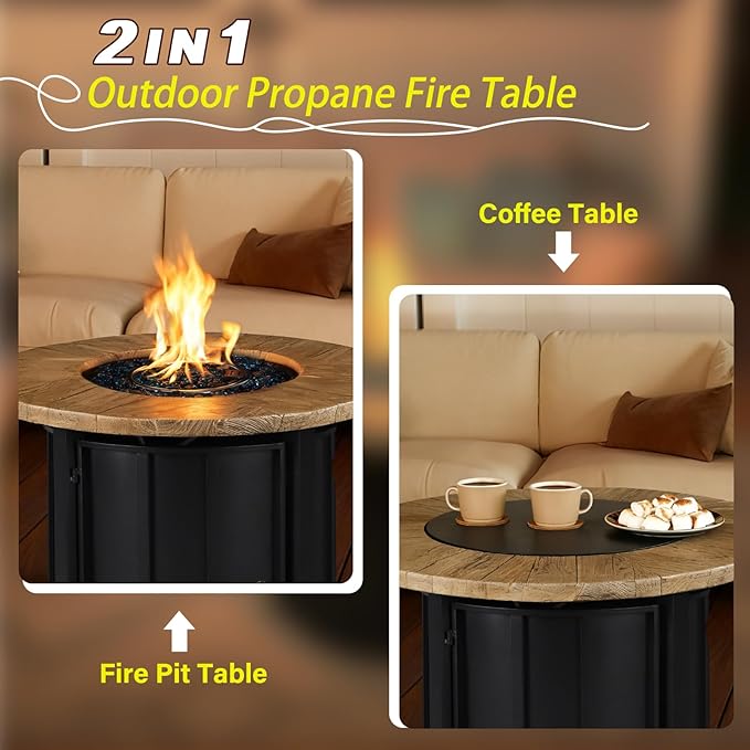 30 Inch Round Propane Fire Pit Table,50000 BTU Outdoor Gas Firepit with Automatic Ignition & Lid Cover,Iron Steel Firepit for Outside,Patio,Deck,Backyard w Glass Stones & Rain Cover