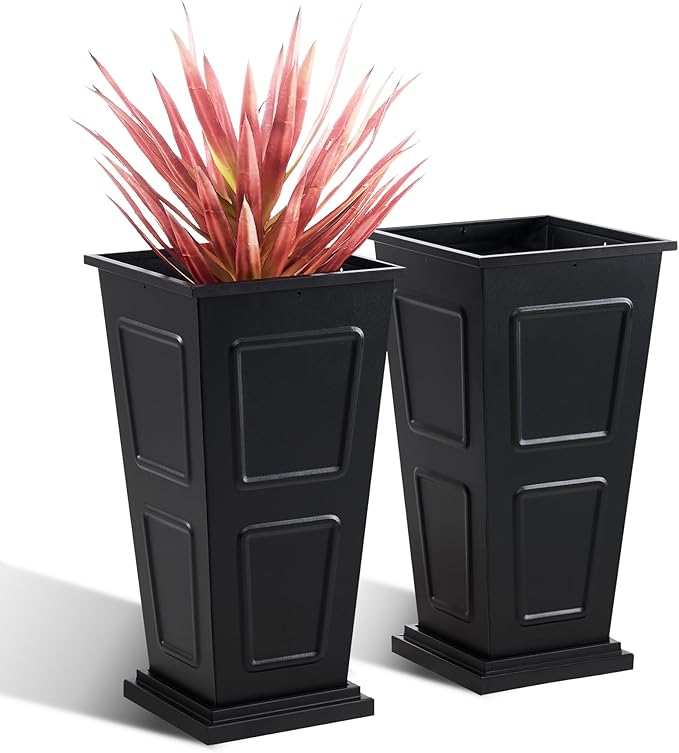 23" Tall Metallic Planter for Outdoor Plants Set of 2, Tapered Steel Flower Pot with Removable Middle Partition Drainage Holes, Large Metal Planters for Front Porch, Garden, Patio, Balcony, Black