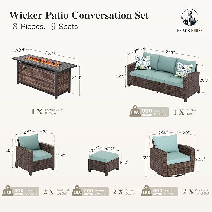 HERA'S HOUSE Swivel Glider Patio Furniture Set, Outdoor Sectional Conversation Sets with 56" Fire Pit Table, 8 Pieces 9 Seats Outside Sofa for Lawn Deck Backyard, Blue