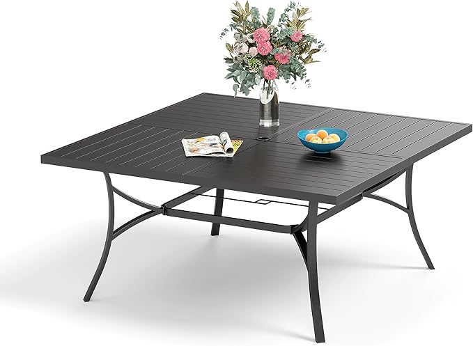 Sophia & William 60" Large Outdoor Patio Table for 8, Outdoor Square Metal Dining Table with 1.9" Adjustable Umbrella Hole, All Weather Wrought Iron Furniture Black Table for Garden Deck
