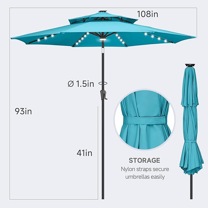 FLAME&SHADE 9 ft Double Top Solar Powered Outdoor Market Patio Table Umbrella with LED Lights and Tilt, Aqua Blue