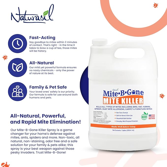 Mite Killer Treatment Spray Pack by Mite-B-Gone | Kills All Types of Mites, Dust, Spider, Rat, Carpet & Bird Mites | Safe for Homes, Furniture & Pets | Non-Toxic | Kid & Pet Friendly | 1 Gal 4-Pack