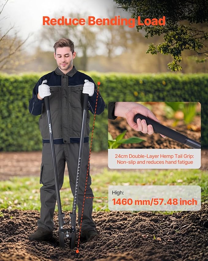 VEVOR Post Hole Digger, Heavy Duty Post Hole Digger with Carbon Steel Handle, Manual Hole Digger with Scale Markings and Metal Blade, Post Hole Digger Tool for Digging Gardening Outdoors, 57.5-Inch