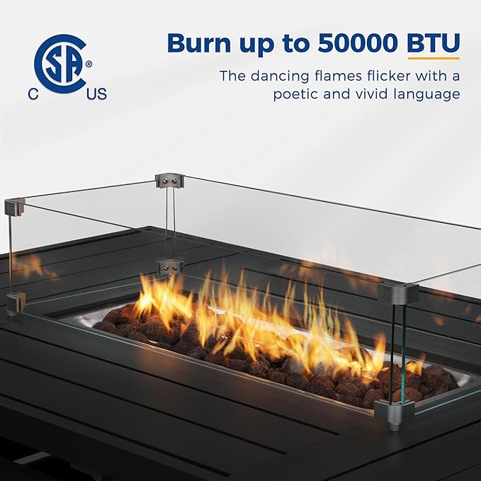 Wisteria Lane 54.3” Outdoor Patio Aluminum Fire Pit Table, 50000 BTU CSA Certified Propane Gas Fire Pit, Rectangular Fire Table w/Stainless Burner, Lava Rock, Waterproof Cover