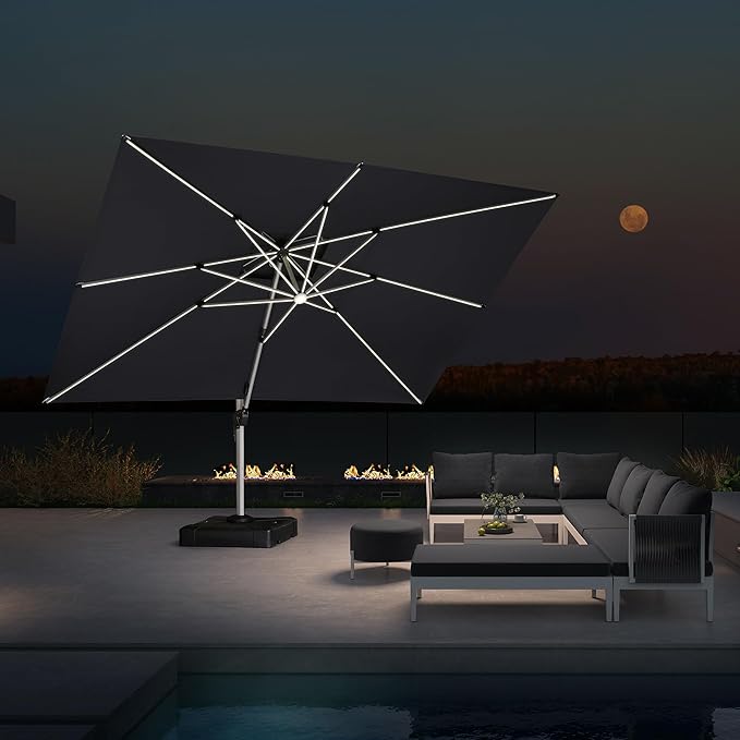 PURPLE LEAF 10' X 13' Double Top Deluxe Solar Powered LED Rectangle Patio Umbrella Offset Hanging Umbrella Outdoor Cantilever Umbrella, Grey