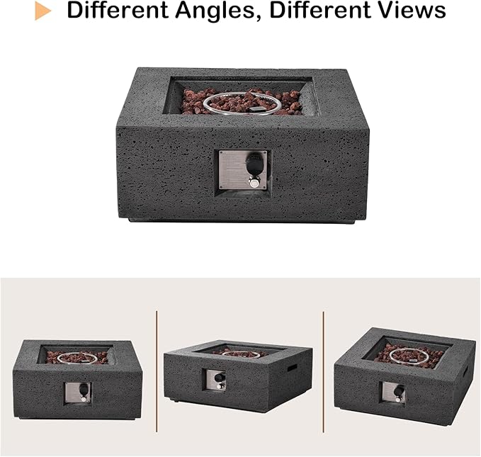SUNBURY Outdoor Travertine Fire Pit Table, Propane Gas Fire pits &Outdoor Fireplaces 35 inch Square Firepit Table with Tank Cover, 50000 BTU Fire Table for Patio Set, Stone Gray