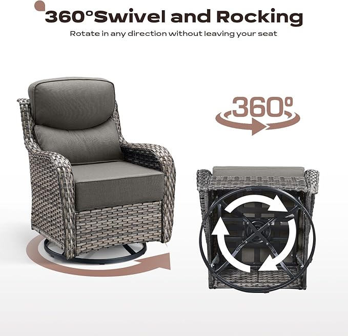 Rilyson Wicker Outdoor Patio Furniture Set - 6 Piece Patio Conversation Sets with Swivel Rocker Chairs, Ottomans, Sofa and Table, 6 inch Cushions, Deep Seating, for Porch Deck Mixed Grey/Grey