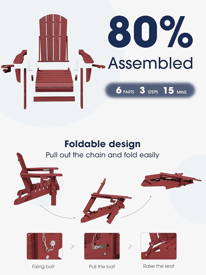 KINGYES Folding Adirondack Chair Set of 8, Dual Cup Holders & All-Weather HDPE, Wood-Like Patio Chair for Backyard, Camping, Pool & Fire Pit, Dark Red