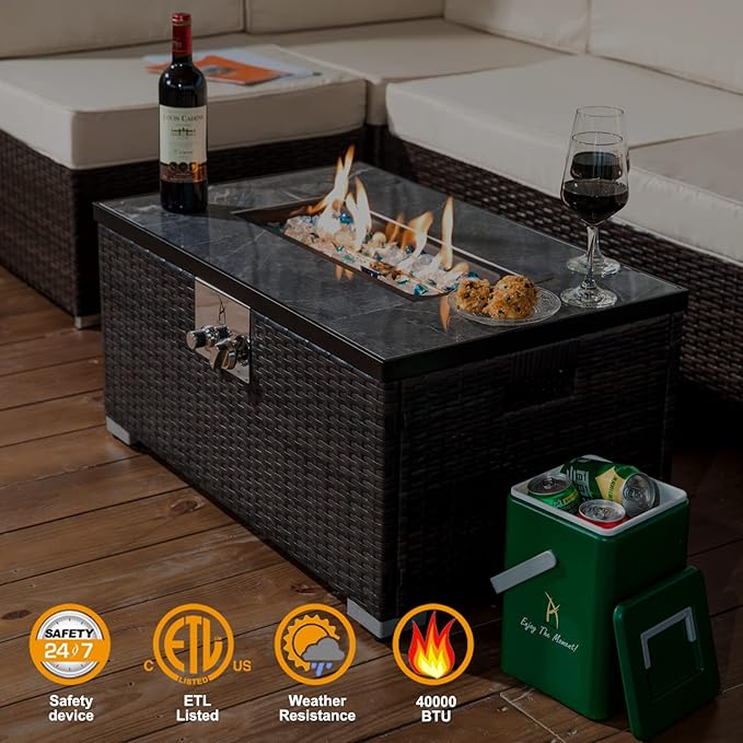 32in Gas Fire Pit Table Set, 50,000 BTU Propane Fire Pit Table Outdoor with Rain Cover, Hideaway Tank Holder Fits 20lb Tank, Gas Fire Pit for Outside w/Ceramic Tabletop and lid, Glass Rocks