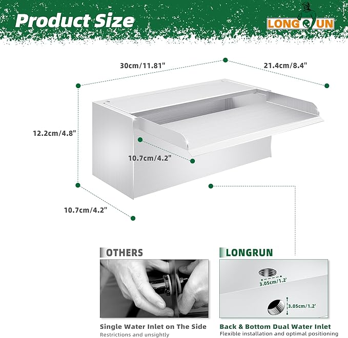 Longrun Pond Waterfall Box with Pump Kit, 304 Stainless Steel Pond Waterfall Spillway with 680 GPH 3000L/H Pump for Ponds, Pond Spillway Color-Changing LED Light Strip for Garden (11.8")