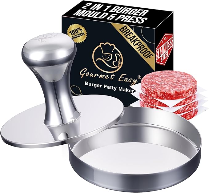 2-in-1 Smash Burger Press & Patty Maker, Heavy Duty Premium Stainless Steel Hamburger Helper, Easy-Clean Design, Hamburger Press with Patty Liner, Mirror Polished Burger Mold, Dishwasher Safe