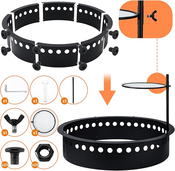 36 Inch Smokeless Fire Pit Ring with Grill Fire Ring for Outside Heavy Duty Metal Firepit Insert Round Steel Large Above/In-Ground Camping Firepit for Outdoor Patio Picnic BBQ Garden