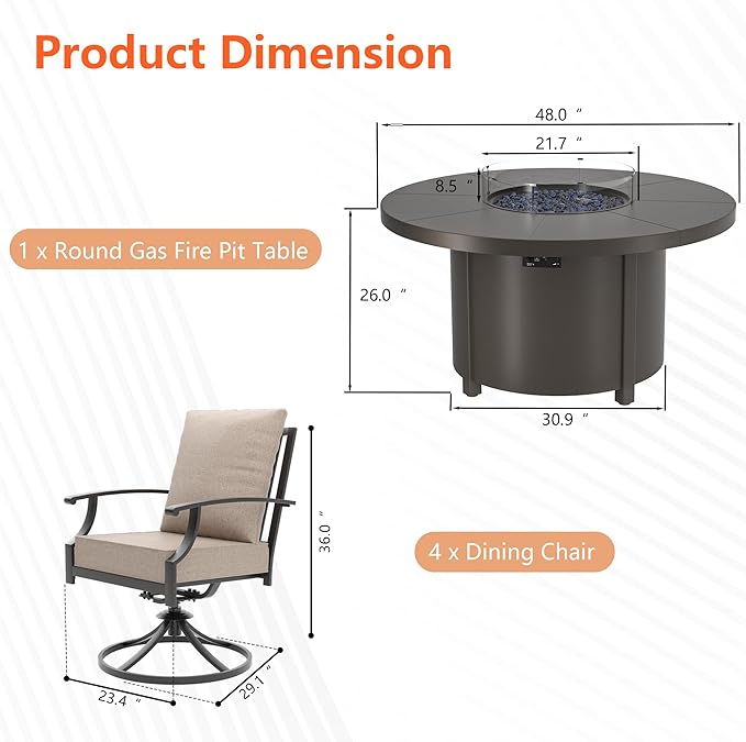 5 Pieces Patio Furniture Set with Round Fire Pit Table, Outdoor Conversation Sets 4 Swivel Chairs with Upgrade Cushions for Patio, Backyard Brown