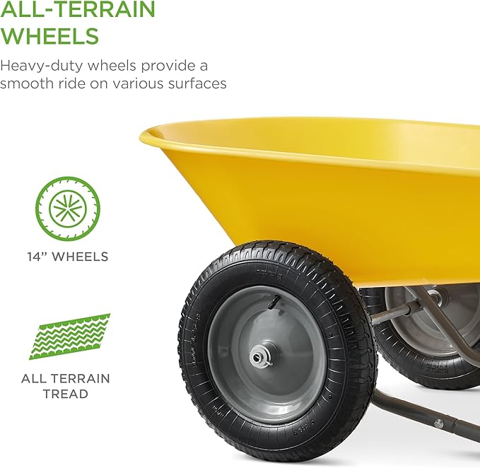 Best Choice Products Dual-Wheel Home Utility Yard Wheelbarrow Garden Cart w/Built-in Stand for Lawn, Gardening, Construction - Yellow