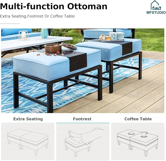 MFSTUDIO 7 Pieces Metal Patio Furniture Sets, 2 Swivel Chairs, 3-Seat Deep Seating Sofa, 2 Single Couch and 2 Ottoman, All Weather 9 Seats Outdoor Conversation Set for Garden Backyard, Blue Cushion