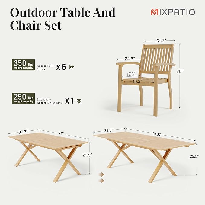 MIXPATIO Acacia Wood Outdoor Dining Set, 7 Pieces Patio Dining Table and Chairs Set, Expandable Dining Table(1.97" Umbrella Hole) and 6 Wooden Chairs, Patio Furniture Set for Deck Poolside Backyard