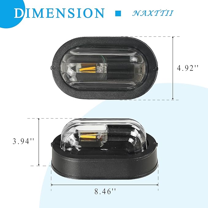 8.5 Inch Waterproof Bulkhead Light Fixture Black Bulkhead Wall Light Sauna and Dock Light with UL Listed Aluminum Frame and Thickened Clear Glass Shade 2 Pack