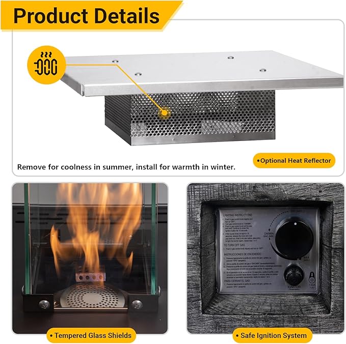 Outdoor Patio Propane Fire Heater with Weather Cover Glass 41000 BTU Fireplace Patented & CSA Certificated, Gray