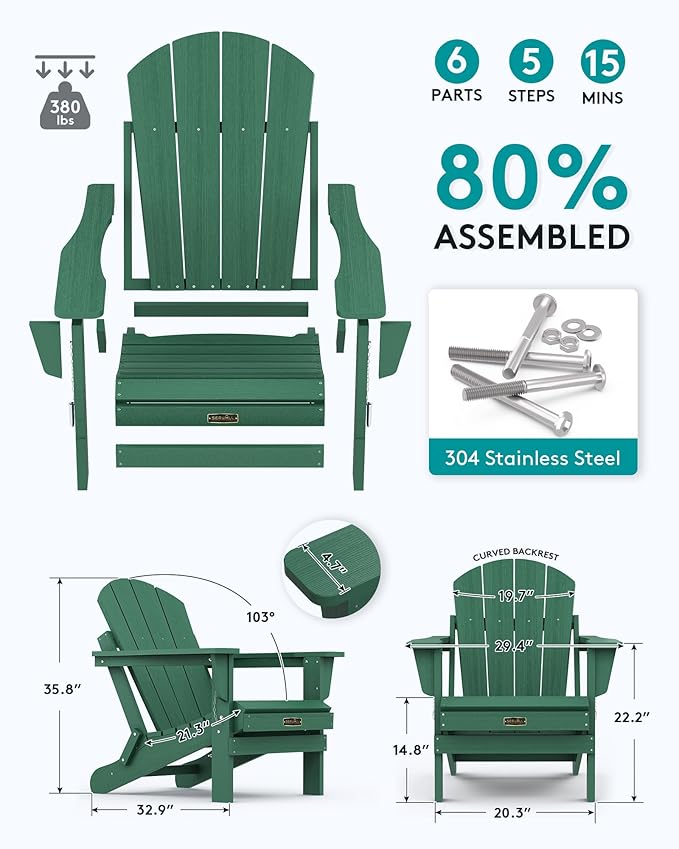 SERWALL Folding Adirondack Chair Painted Adirondack Chair Set of 8 Weather Resistant for Patio Deck Garden, Fire Pit & Lawn Furniture Porch - Green