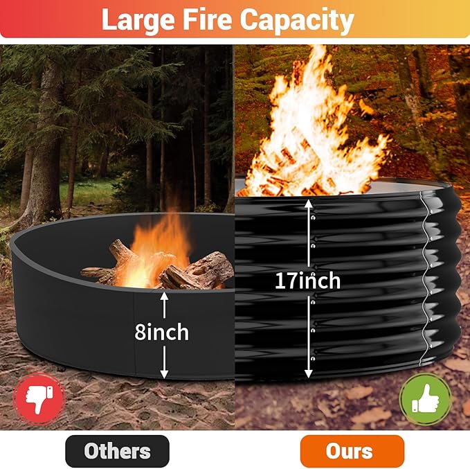 39 Inch Fire Pit Ring for Outside Wood Burning,17'' Taller High Heat Resistant Outdoor Firepit & Fireplace,Heavy Duty Galvanized Steel Fire Bowls Portable for Backyard Bonfire,Patio,Camping,Round