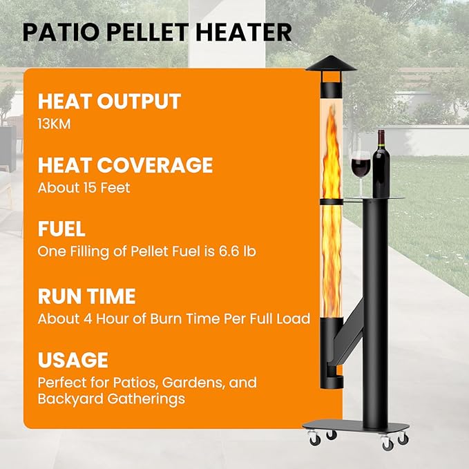 DoCred Patio Pellet Heater, 71.2" H Wood Pellet Heaters Including Thickened Base with Wheels, Smokeless Glass Fire Tube Heater Outdoor Metal Fire Pit for Patio, Backyard, Camping, Porch & Garden