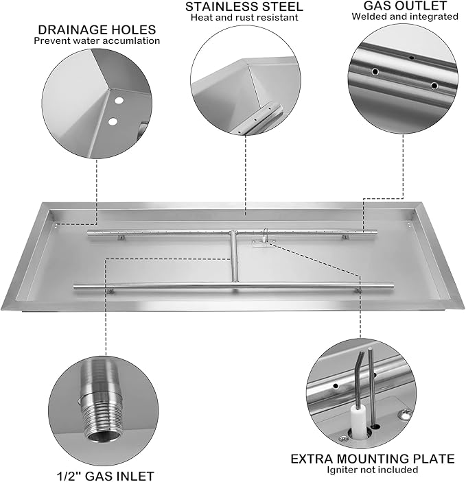 Stanbroil 36 x 12 Rectangle Fire Pit Kit with Spark Ignition, Drop-in Natural Gas Fire Pit Burner Kit DIY for Fire Table Outside Patio Backyard, Natural Gas Version