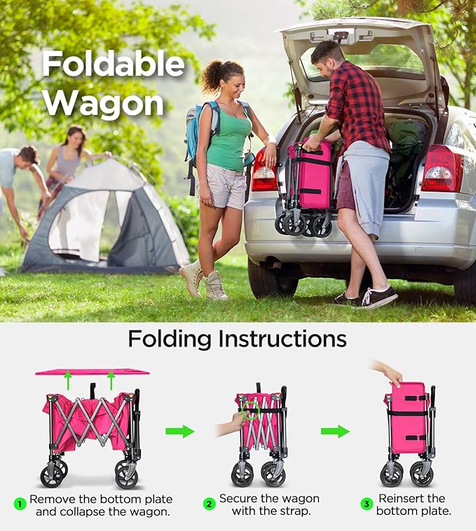 Collapsible Folding Wagon Cart with Large Wheels & 150L Capacity | Heavy-Duty Foldable Utility Wagon for Groceries, Camping, Beach, Sports & Garden Use | Compact Storage, No-Tool Setup-Pink
