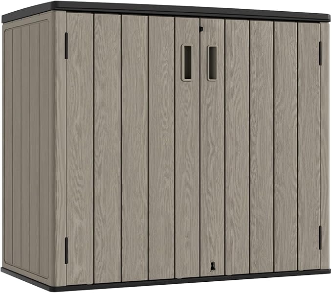KINYING Outdoor Horizontal Storage Sheds,Outdoor Storage Cabinet Waterproof Resin Tool Storage Box for Lawn Mower,Garden Tools and Patio Furniture, Lockable (Brown)