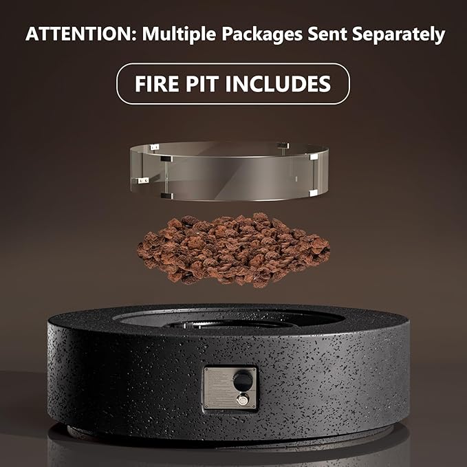 COSIEST 42 inch Outdoor Propane Fire Pit Coffee Table w Concrete Round Base Patio Heater, Certified, 50,000 BTU Stainless Steel Burner, Free Lava Rocks, Wind Guard, Rain Cover, Gray
