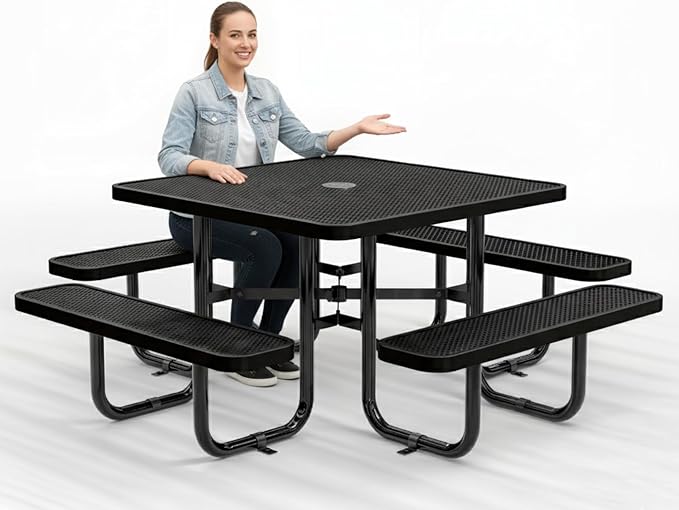 Metal Picnic Tables for Outdoors with Umbrella Hole - Coated Steel Heavy Duty Commercial Grade Furniture with Adjustable Seats (Black, 46 in, Square, Punched Steel)