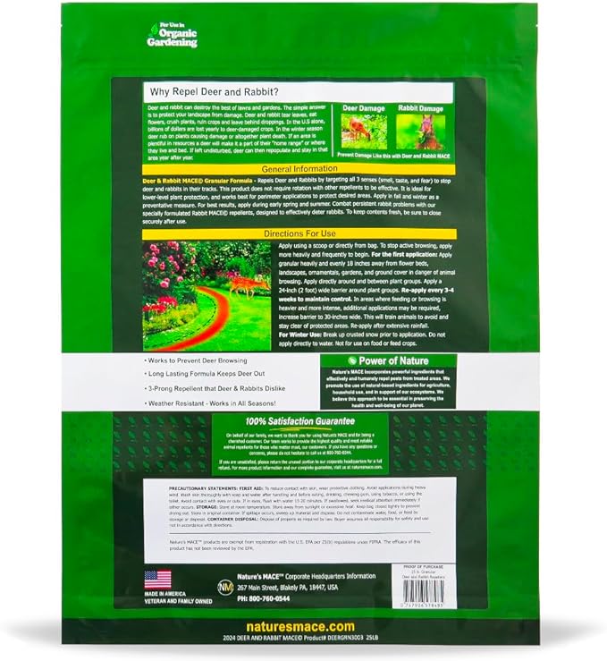 Nature's MACE Deer & Rabbit Repellent 25lb, Covers 25,000 Sq Ft, Repel Deer from Your Home & Garden, Deterrent, Safe to use Around Children, Plants, Produce, Protect Your Garden Instantly, Plant Safe