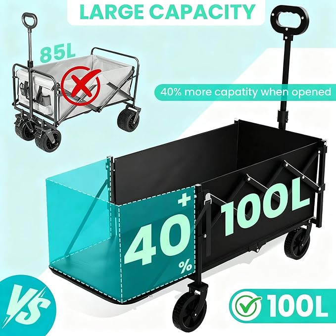 Small Collapsible Wagon with Extended Tailgate, Wagons Carts Folding with 300lbs Capacity, Lightweight Portable Utility Wagon Cart for Shopping Camping Sports Garden(Black)