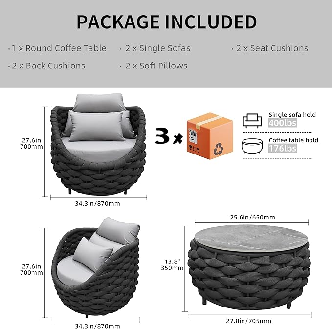 TWT 3 Pieces Aluminum Patio Furniture Set Modern Patio Set with Coffee Table, No Assembly Required Outdoor Conversation Set with Dark Grey Cushions for Balcony, Porch, Lawn