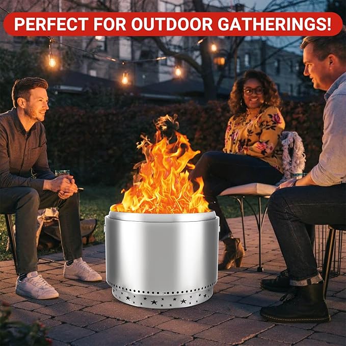 27-Inch Smokeless Fire Pit, Portable Stainless Steel Stove with Star Hollowing, Fire Pits with Star Bracket for Camping Outdoor Wood Burning (Without Handle)