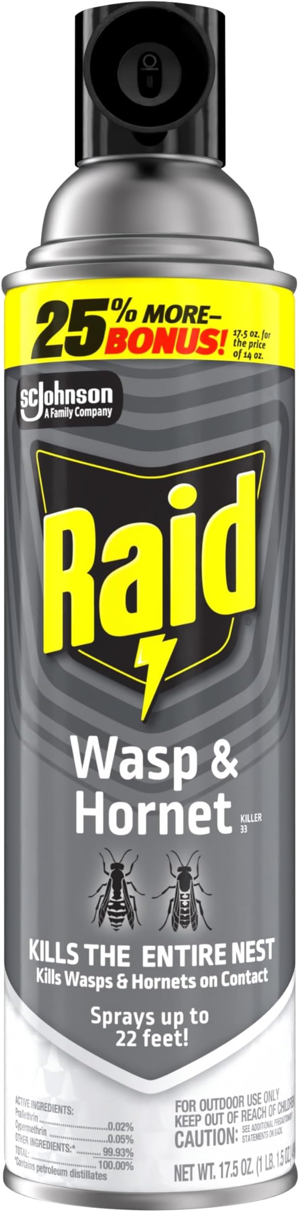Raid Wasp & Hornet Killer Spray, Bug Killer Kills the Entire Nest, Kills Paper Wasps, Yellow Jackets, Mud Daubers and more, 17.5oz