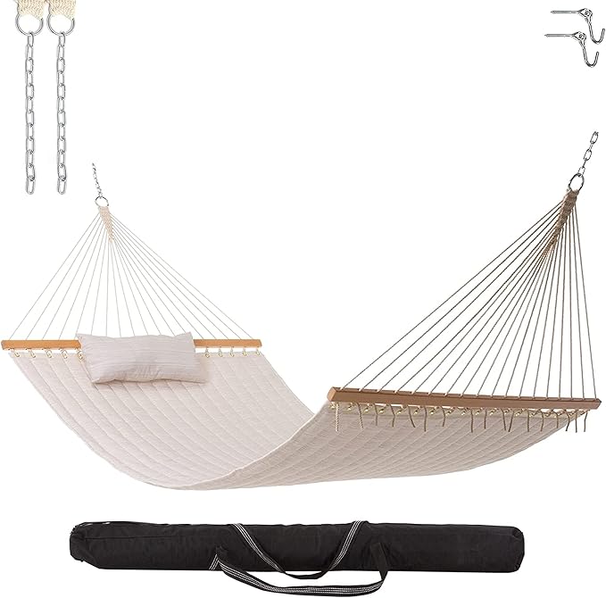 Castaway Living Large Natural Solid Quilted Polyester Hammock – 11.5 ft. x 52 in., 350 lb Capacity, Pillow, Storage Bag, Extension Chains & Tree Hooks – Durable Outdoor Lounger