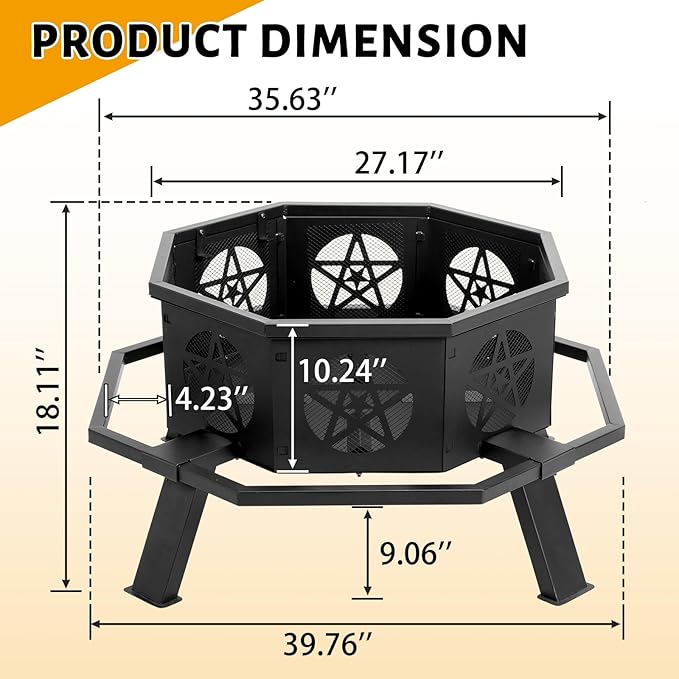 35 Inch Outdoor Fire Pit, Heavy Duty Wood Burning Firepits for Outside, Octagonal Metal Bonfire Fire Pits with Fire Poker for Camping, Backyard, Patio, Garden, Beach, Poolside, Picnic