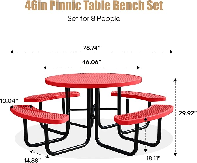 Sunnibety 8-Person Picnic Tables for Outdoors, Industrial 46" Expanded Metal Round Picnic Table with 4 Benches & Umbrella Hole, Outside Table and Bench Set for Park, Garden, Backyard, Patio, Red