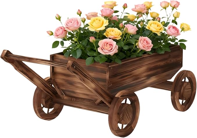 Wooden Flower Cart with Wheels Wooden Wagon Planter Outdoor Garden Planter Decor Planter for Patio Balcony Trolley Decoration Succulent Flower Pot, Indoor Backyard Balcon Decor（L）