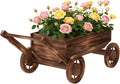 Wooden Flower Cart with Wheels Wooden Wagon Planter Outdoor Garden Planter Decor Planter for Patio Balcony Trolley Decoration Succulent Flower Pot, Indoor Backyard Balcon Decor（L）
