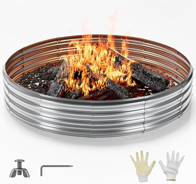 Mr IRONSTONE Outdoor Fire Pit Galvanized Fire Pit Ring, Foldable Outdoor/Camping/Gatherings 5 FT Diameter Fire Pit for Yard/Garden/Park/Beach, 60 Inches Fire Ring Pit, Silver