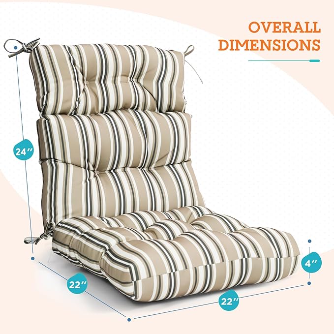 EAGLE PEAK Tufted Outdoor/Indoor High Back Patio Chair Cushions, Set of 4, 46'' x 22'', Beige Stripes